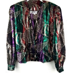 Vintage Anne Klein Colorful Shiny Metallic Blouse Loose Fit sz 8 80s Disco